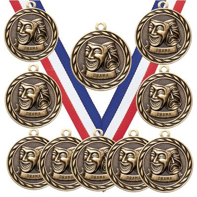 10 Pack of Drama Actor Actress Gold Medals Trophy Award with Neck Ribbons MA