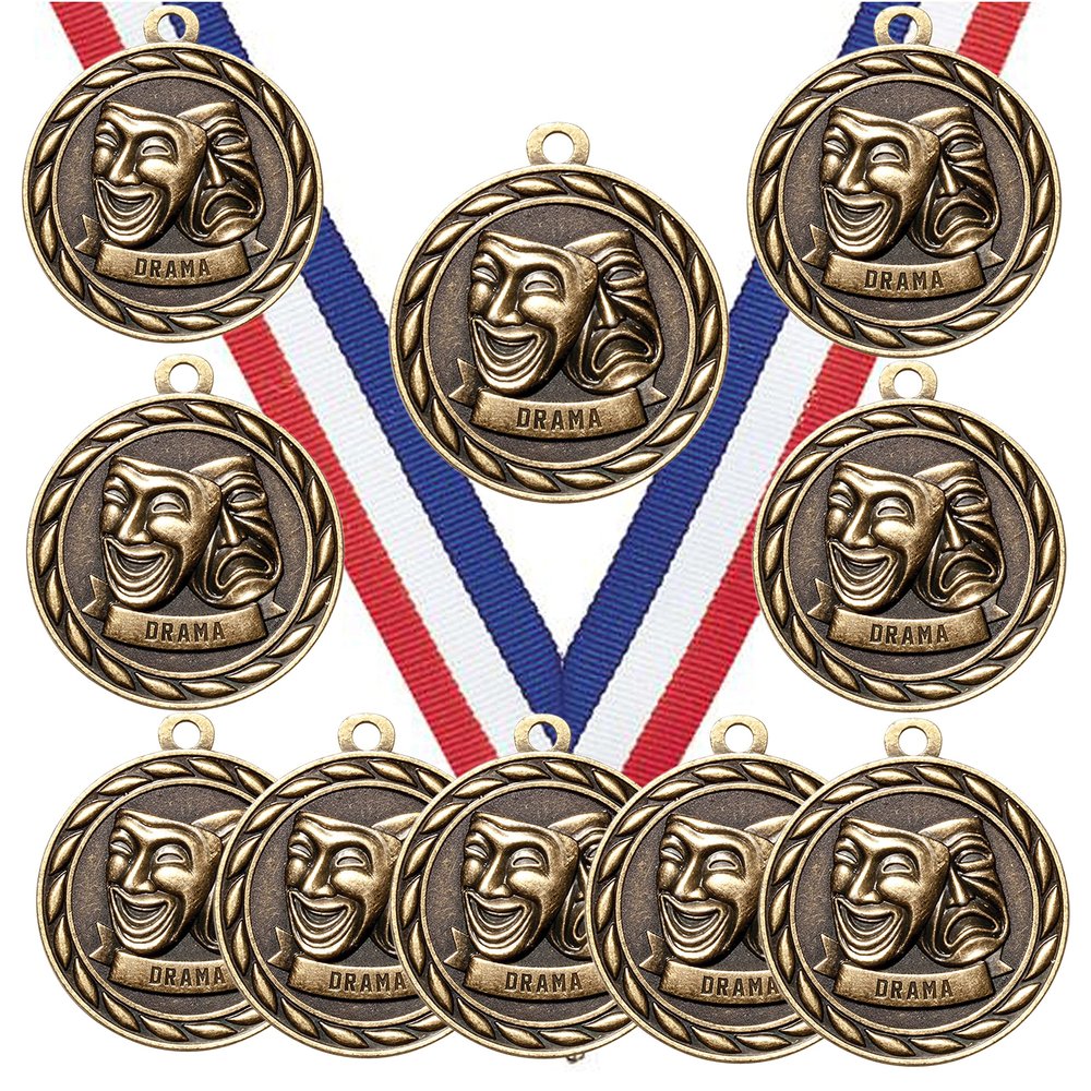 10 Pack of Drama Actor Actress Gold Medals Trophy Award with Neck Ribbons MA