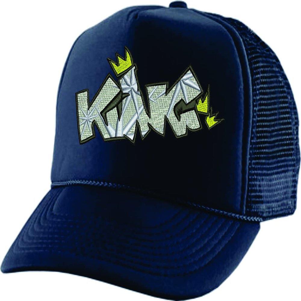 ALLNTRENDS Adjustable Trucker Hat King Embroidered Mesh Baseball Cap Cool Men's Graphic Hats (Navy Blue)