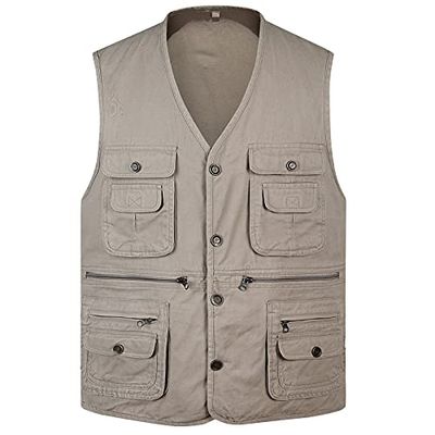 XINDSJDS Classic Summer Men Vest Cotton Button Multi Pocket 3 Colors Sleeveless Jacket with Many Pockets Khaki Vest XXL