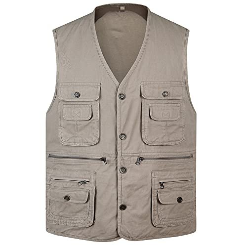 XINDSJDS Classic Summer Men Vest Cotton Button Multi Pocket 3 Colors Sleeveless Jacket with Many Pockets Khaki Vest XXL