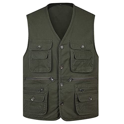 XINDSJDS Classic Summer Men Vest Cotton Button Multi Pocket 3 Colors Sleeveless Jacket with Many Pockets Light Army Green VES XXL