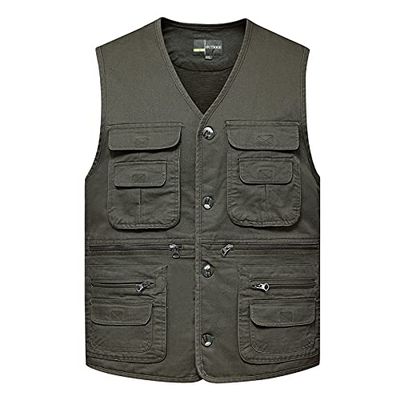 XINDSJDS Mens Cotton Multi Pocket Fishing Vest Outdoor Casual Sleeveless Jacket Big Size 4XL Army Green Vest 3XL