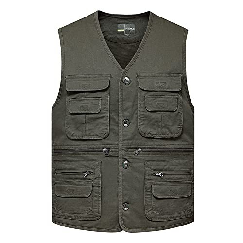 XINDSJDS Mens Cotton Multi Pocket Fishing Vest Outdoor Casual Sleeveless Jacket Big Size 4XL Army Green Vest 3XL