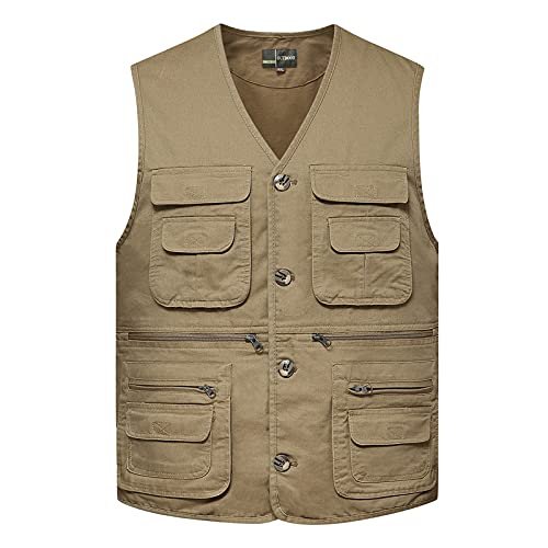 XINDSJDS Mens Cotton Multi Pocket Fishing Vest Outdoor Casual Sleeveless Jacket Big Size 4XL Khaki Vest L
