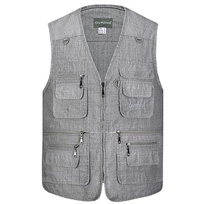 XINDSJDS Classic Multi Pocket Vest for Men Spring Autumn Male Casual Sleeveless Photographer Jacket Light Gray Vest 4XL