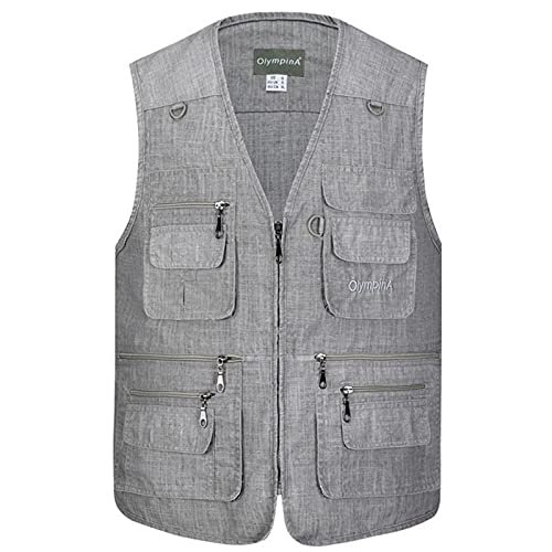 XINDSJDS Classic Multi Pocket Vest for Men Spring Autumn Male Casual Sleeveless Photographer Jacket Light Gray Vest 4XL