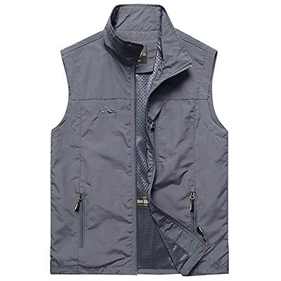 XINDSJDS Summer Mesh Vest Men Thin Breathable Multi Pocket Classic Sleeveless Climbing Hiking Fishing Jackets Grey 4XL