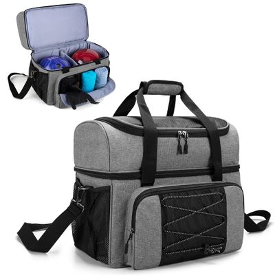 DSLEAF Bowling Bag for 2 Balls, Bowling Tote with Wooden Bowling Cups and Padded Divider for Double Ball and A Pair of Bowling Shoes Up to Mens 16 and Extra Essentials (Patent Design), Bag Only