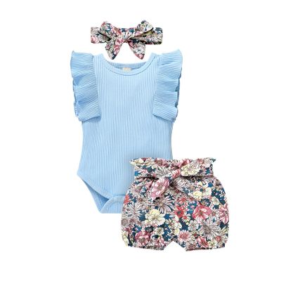 Tiny Cutey Baby Girl Clothes Infant Summer Outfits Set Ruffle Sleeve Romper and Floral Shorts with Headband (Sleeveless Sky Blue, 80, 6_months)