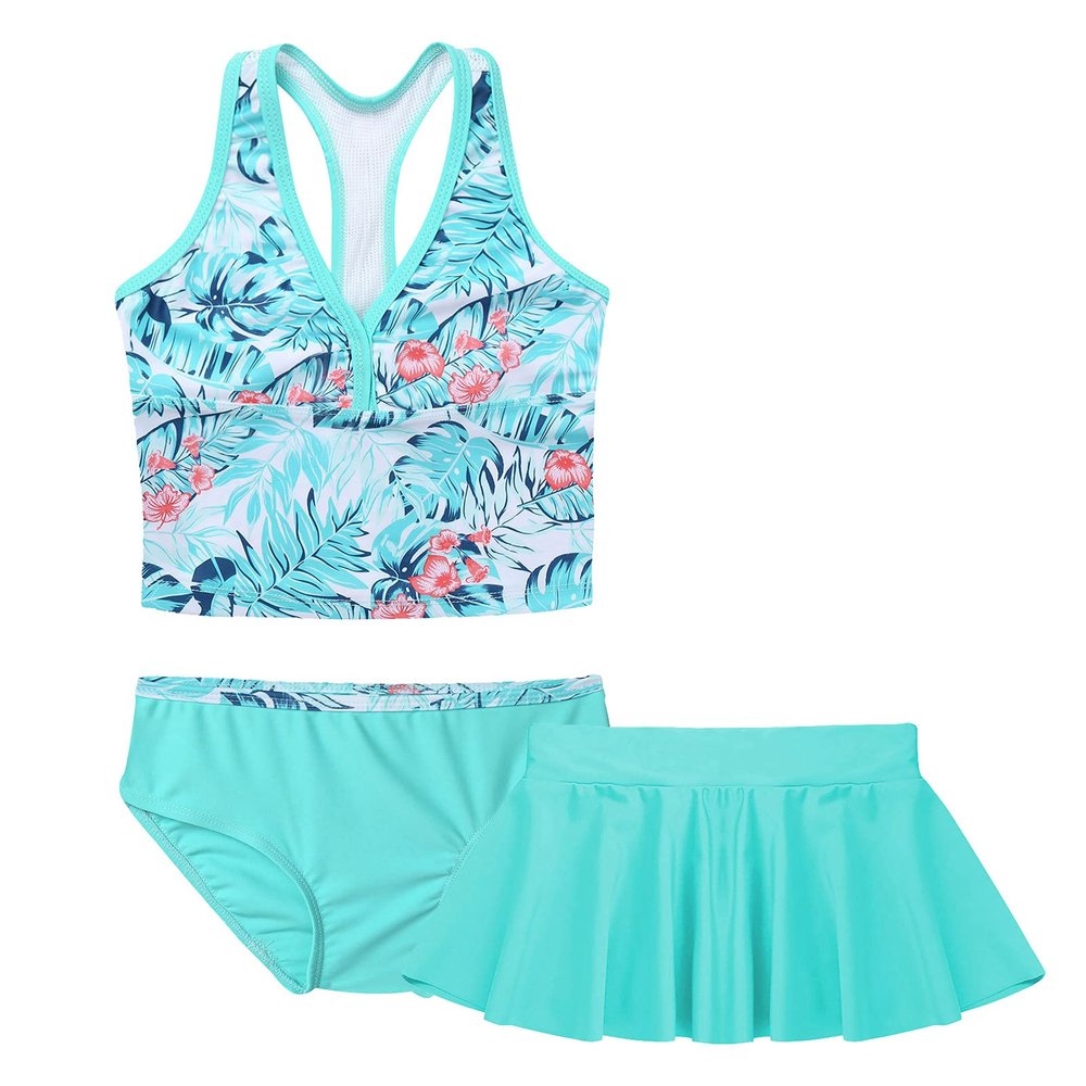 Yartina Kids Girls Swimsuit 3Pcs Outfit Digital Printed Tanks Vest Top with Bottoms Swimdress Swimwear Tankini Mint Green 5-6
