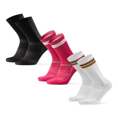 DANISH ENDURANCE Cycling Socks, Crew Length, Breathable, Cushioned, Biking Socks for Men & Women, 3 & 5-Pack, Multicolor (1x Black, 1x Pink, 1x White), Small