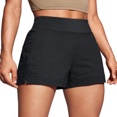 CRZ YOGA Women's Lightweight Mid Rise Hiking Shorts 4'' - Stretch for Athletic Summer Travel Outdoor Golf with Zip Pockets Black Medium