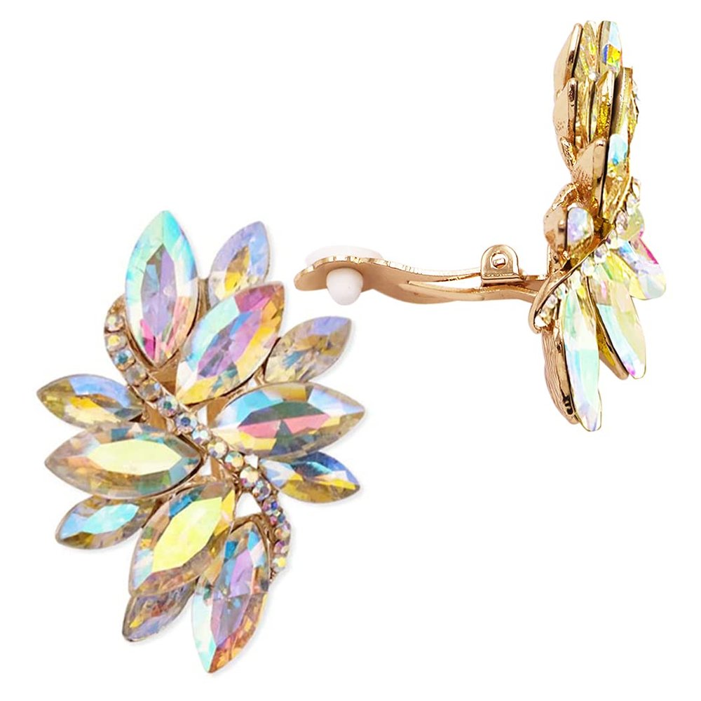Rosemarie Collections Women's Dazzling Crystal Marquis Leaf Cluster Statement Clip On Earrings, 1.87" (AB Crystal Gold Tone)