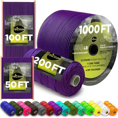 TECEUM Paracord Type III 550 Indigo  1000 ft  4mm  Tactical Rope MIL-SPEC  Outdoor para Cord Camping Hiking Fishing Gear and Equipment  EDC Parachute Cord  Strong Survival Rope 032