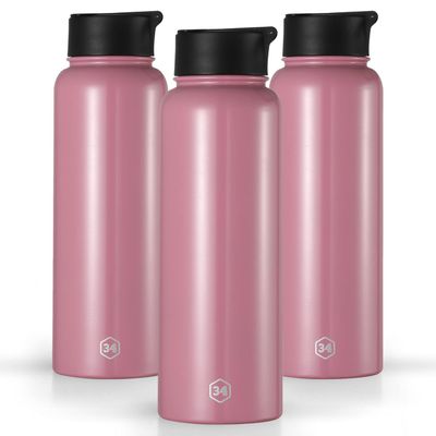3-Pack | 34oz Insulated Double Wall Stainless Steel Water Bottle Tumbler | Sports Straw and Handle | Great for Sports, Gym, Camping, Yoga, School, Work, Cycling | Kids and Adults (Pink - 3 Pack)
