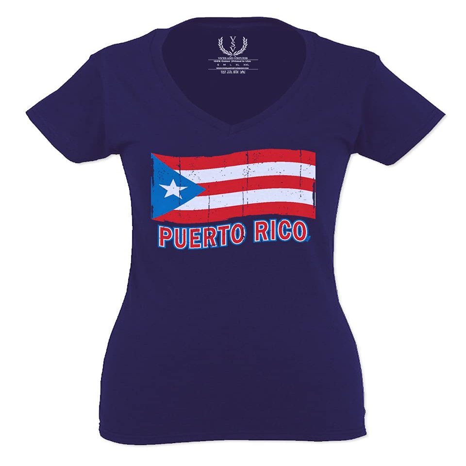 0037 Bandera Puerto Rico Flag Boricua Puerto Rican Nuyorican Pride for Women V Neck Fitted T Shirt (Navy Blue, X Small)