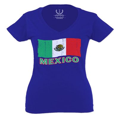 0038. Distressed Bandera Mexico Mexican Flag Coat of arms Mexicano 5 de Mayo for Women V Neck Fitted T Shirt (Royal X Small)