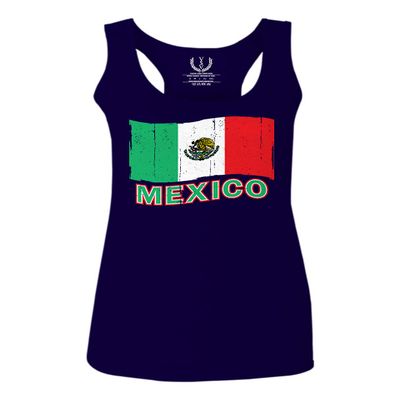 0038. Distressed Bandera Mexico Mexican Flag Coat of arms Mexicano 5 de Mayo Women's Tank Top Racerback (Navy Blue, X Small)