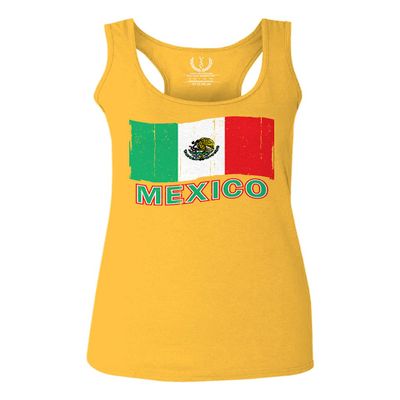 0038. Distressed Bandera Mexico Mexican Flag Coat of arms Mexicano 5 de Mayo Women's Tank Top Racerback (Gold X Small)