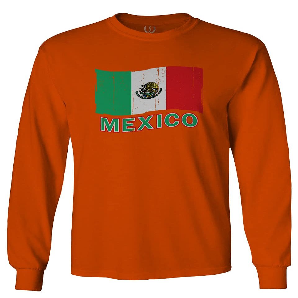 0038. Distressed Bandera Mexico Mexican Flag Coat of arms Mexicano 5 de Mayo Men's Long Sleeve t Shirt (Orange X-Large)