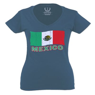 0038. Distressed Bandera Mexico Mexican Flag Coat of arms Mexicano 5 de Mayo for Women V Neck Fitted T Shirt (Indigo Blue Medium)