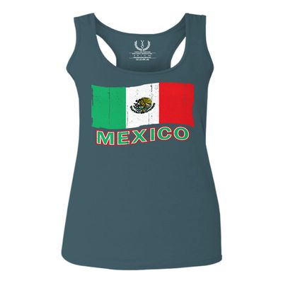 0038. Distressed Bandera Mexico Mexican Flag Coat of arms Mexicano 5 de Mayo Women's Tank Top Racerback (Indigo Blue Medium)
