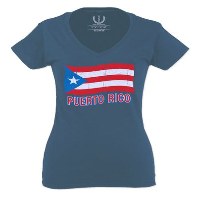 0037 Bandera Puerto Rico Flag Boricua Puerto Rican Nuyorican Pride for Women V Neck Fitted T Shirt (Indigo Blue X Small)