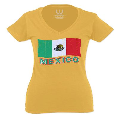 0038. Distressed Bandera Mexico Mexican Flag Coat of arms Mexicano 5 de Mayo for Women V Neck Fitted T Shirt (Gold X Small)