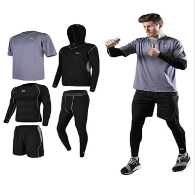 Legou Men's Fitness Tracksuits Shirts Pants Shorts Hoodie Tights Quick-Drying Sports Grey Loose 5-Piece Set