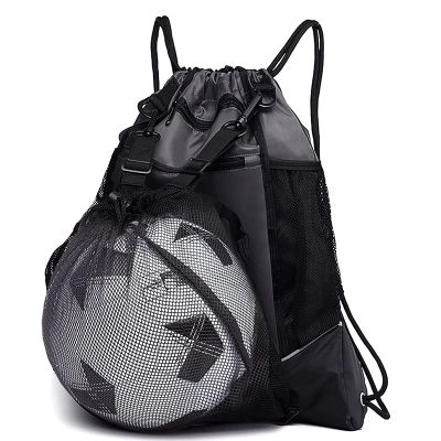 KAEGREEL Drawstring Soccer Bag, Foldable Basketball Backpack Gym Bag Sackpack Sports Sack with Detachable Ball Mesh Bag for Volleyball Baseball Yoga, Grey