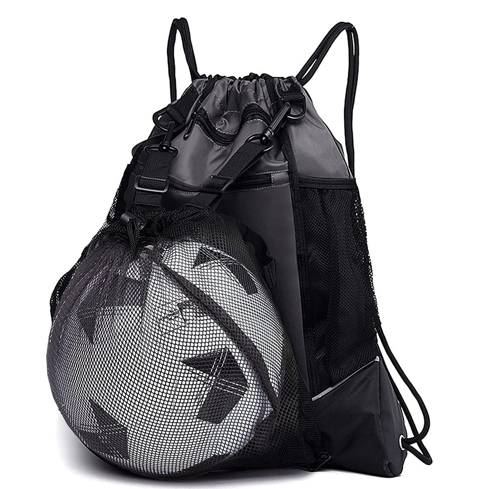 KAEGREEL Drawstring Soccer Bag, Foldable Basketball Backpack Gym Bag Sackpack Sports Sack with Detachable Ball Mesh Bag for Volleyball Baseball Yoga, Grey