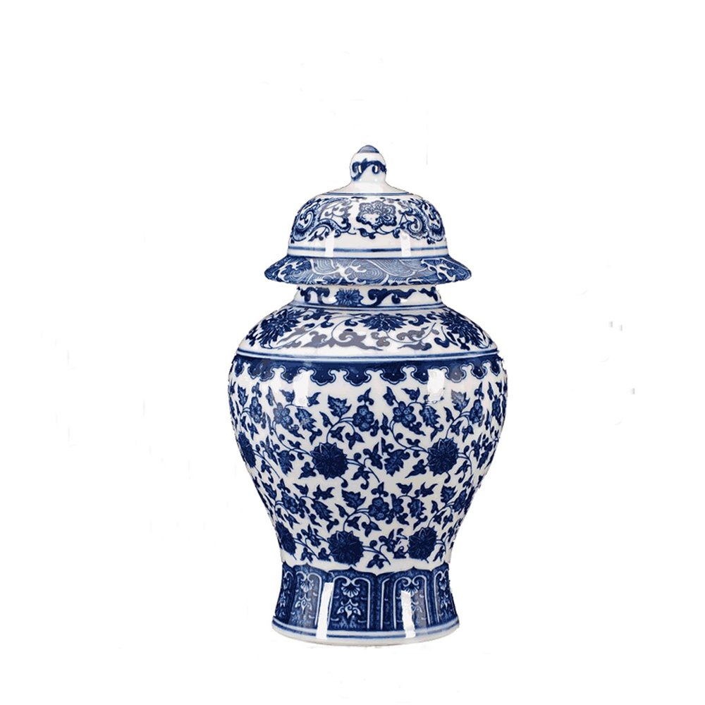 Chinese Decorative Ceramic Ginger Jar Traditional Blue and White Porcelain Temple Jar for Home Decoration,H12.20inch,1 jar/box