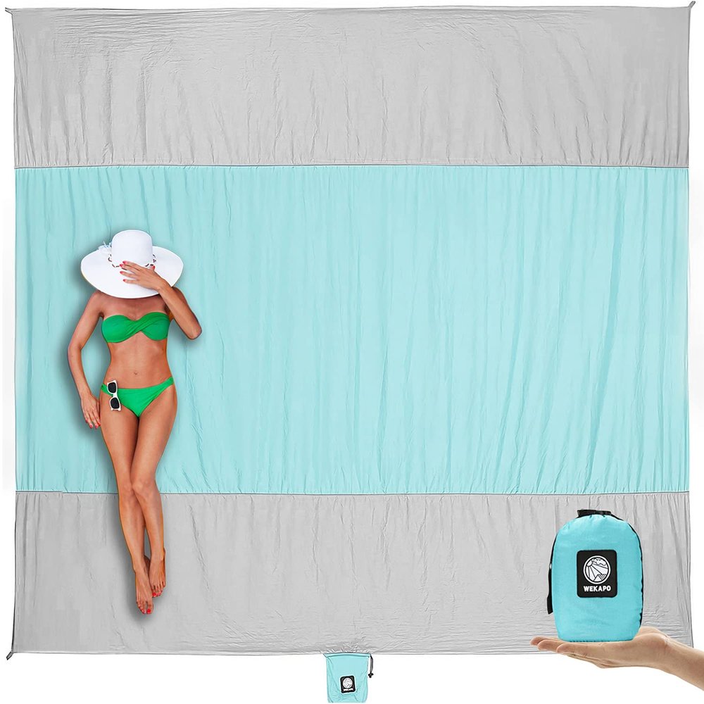 WEKAPO Beach Blanket - Sandproof Waterproof Extra Large Beach Mat | Oversized Sand-Free Lightweight Quick-Drying | Beach Vacation Essentials with Stakes & Corner Pockets (Grey, 9x10 FT)