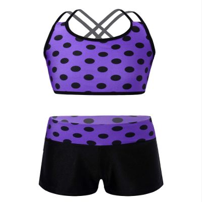 Hansber Kids Girls 2 Piece Tankini Swimsuit Polka Dots Crop Top with Booty Shorts Set Bathing Suit Athletic Swimwear Purple 14 Years