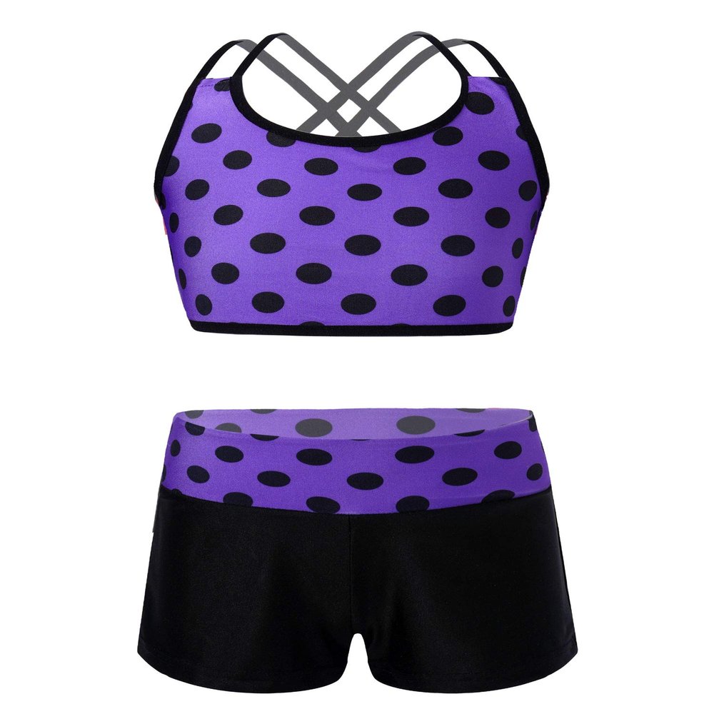 Hansber Kids Girls 2 Piece Tankini Swimsuit Polka Dots Crop Top with Booty Shorts Set Bathing Suit Athletic Swimwear Purple 14 Years