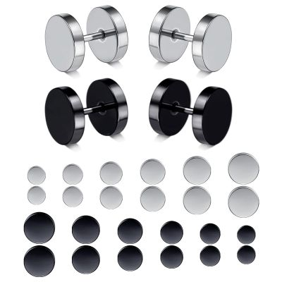 12 Pairs 316L Stainless Steel Screw Flat Back Stud Earrings Black Hypoallergenic Ear Piercing Earrings for Men Women 4-9mm