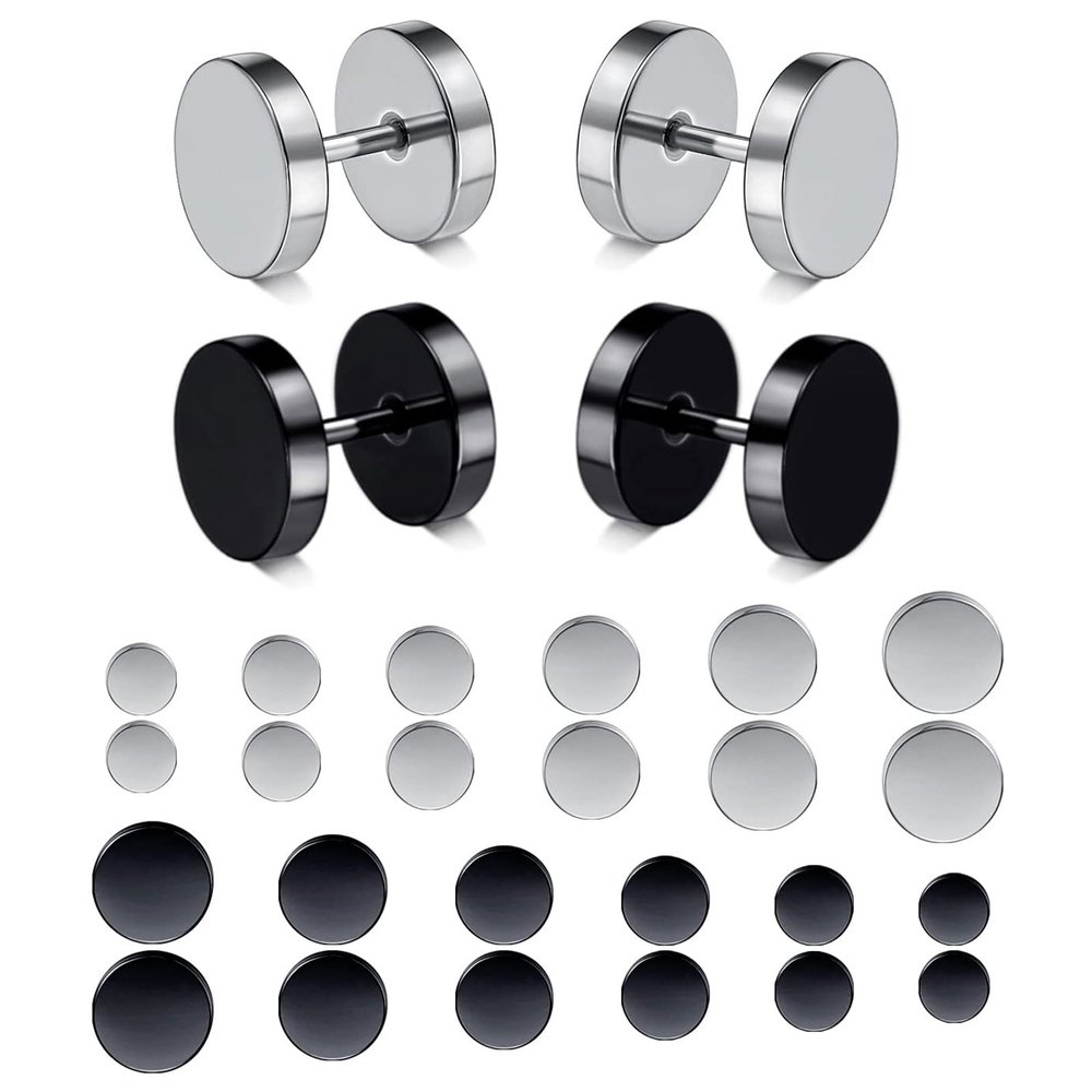 12 Pairs 316L Stainless Steel Screw Flat Back Stud Earrings Black Hypoallergenic Ear Piercing Earrings for Men Women 4-9mm