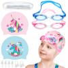 Geyoga 2 Set Swim Cap Kids Unicorn Silicone Waterproof Age 2-12 Cute 2 Swim Caps with 2 Goggles for Long Short Hair Kids Children Boys Girls Toddler at Beach Pool Fun Lessons view 1