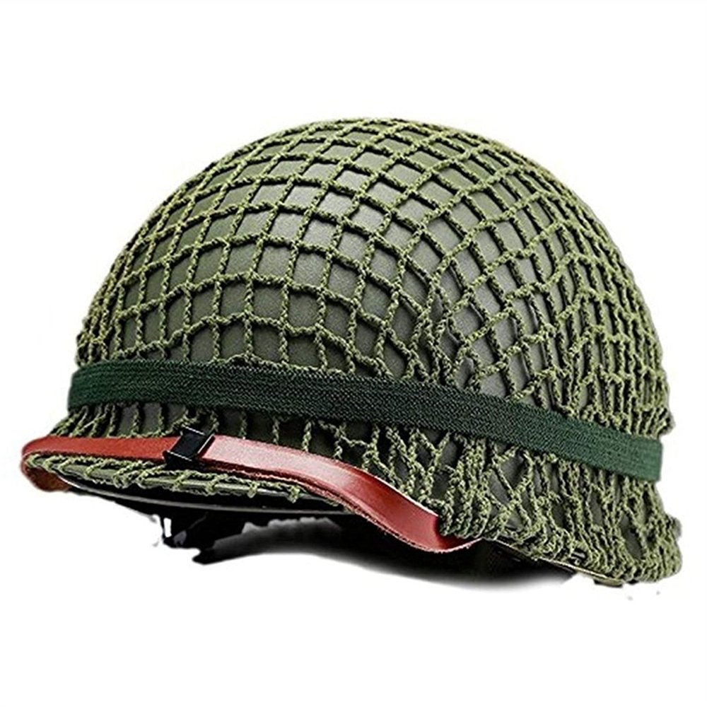 KODENOR Heavy Duty Helmet US Army Tactical Helmet WWII Steel M1 Green Steel Helmet Replica with Pretend Net/Canvas Chin Strap (Color : M1+Net)