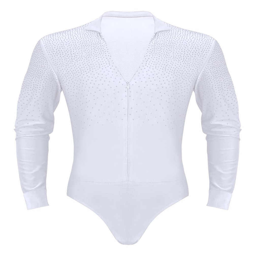 XUNZOO Mens Latin Ballet Ballroom Dance Leotard Long Sleeve Mesh Splice Shiny Rhinestones Decor Shirts White Zipper X-Large