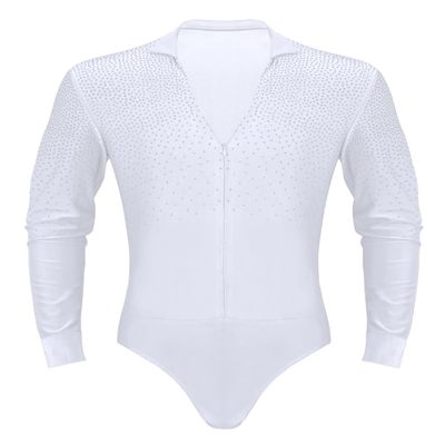 XUNZOO Mens Latin Ballet Ballroom Dance Leotard Long Sleeve Mesh Splice Shiny Rhinestones Decor Shirts White Zipper Large