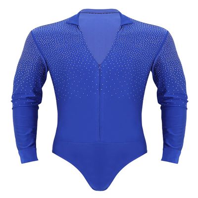 XUNZOO Mens Latin Ballet Ballroom Dance Leotard Long Sleeve Mesh Splice Shiny Rhinestones Decor Shirts Royal_Blue Zipper Large