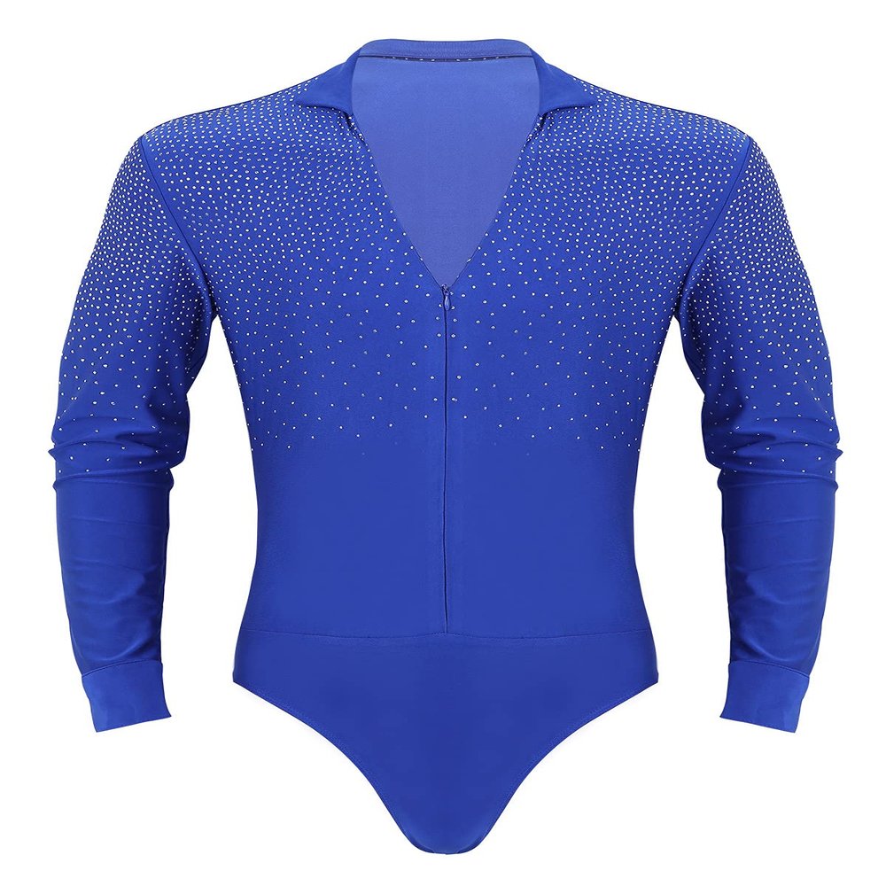 XUNZOO Mens Latin Ballet Ballroom Dance Leotard Long Sleeve Mesh Splice Shiny Rhinestones Decor Shirts Royal_Blue Zipper Large