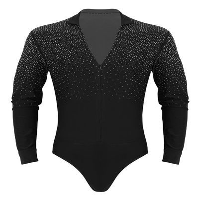 XUNZOO Mens Latin Ballet Ballroom Dance Leotard Long Sleeve Mesh Splice Shiny Rhinestones Decor Shirts Black Zipper Large