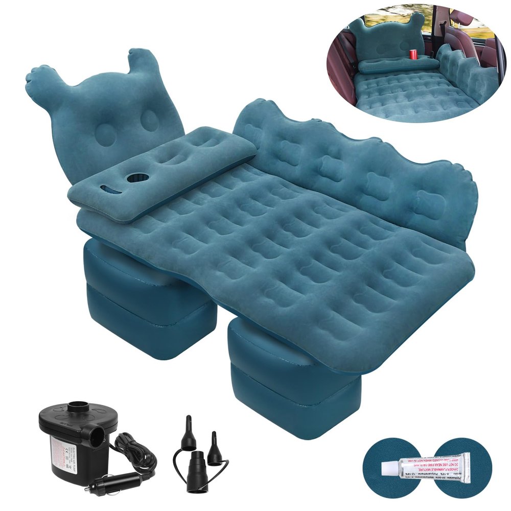 ISWEES Car Bed SUV Air Mattress, Car Air Mattress with Electric Pump, 2 Inflatable Pillows and 2 Footrests for Back Seat, Side Seat,Trunk Sleeping, Thickened Camping Bed - Black