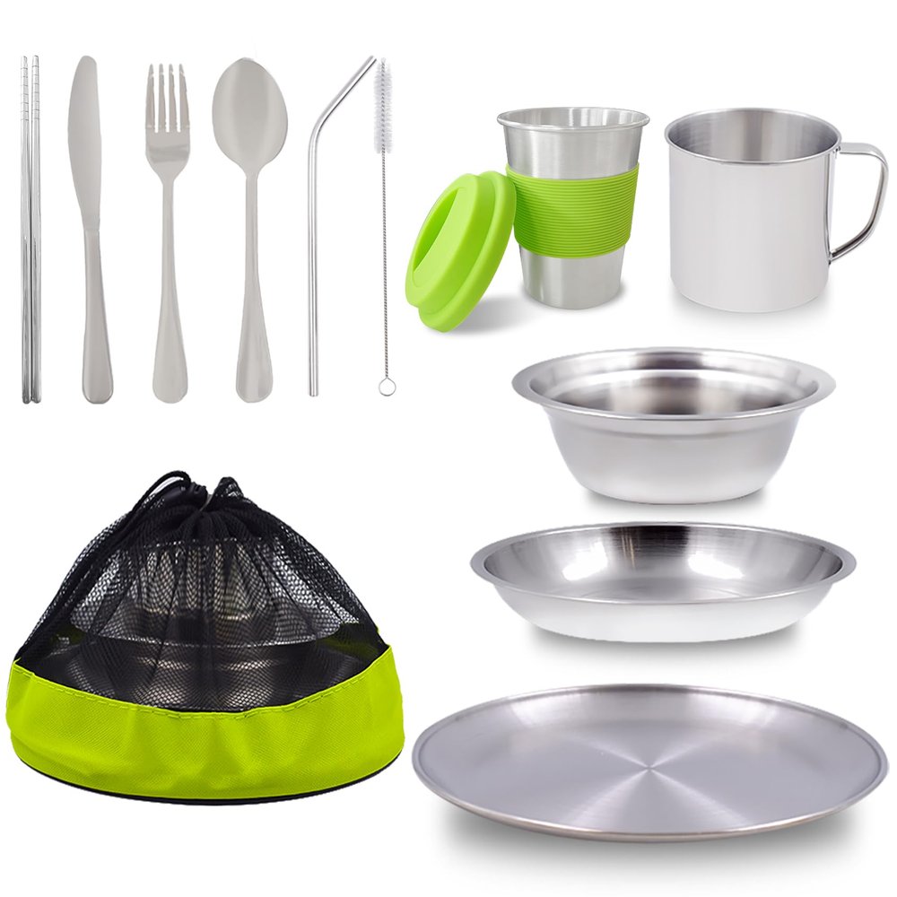 Acelane Camping Mess Kit Camping Plates Dishes Stainless Steel Camping Utensils Set Tableware Dinnerware with Bowls Cups Cutlery 1-2 Person for Backpacking, Hiking, Picnic, BBQ, RV Travel