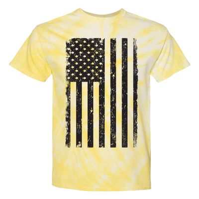 Distressed Black USA Flag - United States Unisex Tie Dye T-Shirt (Pale Yellow Tie Dye, X-Large)