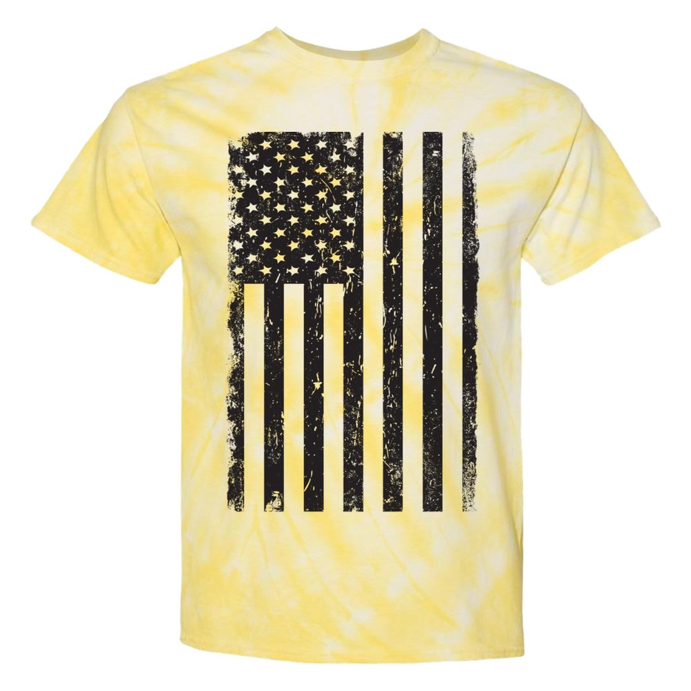 Distressed Black USA Flag - United States Unisex Tie Dye T-Shirt (Pale Yellow Tie Dye, X-Large)