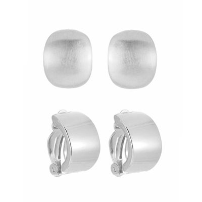 Simple 2 Pairs/Set Polished Geometric Square Oval Clip Ons Earrings Gold Silver Non Piercing Fake Stud Earrings for Women Jewelry-silver